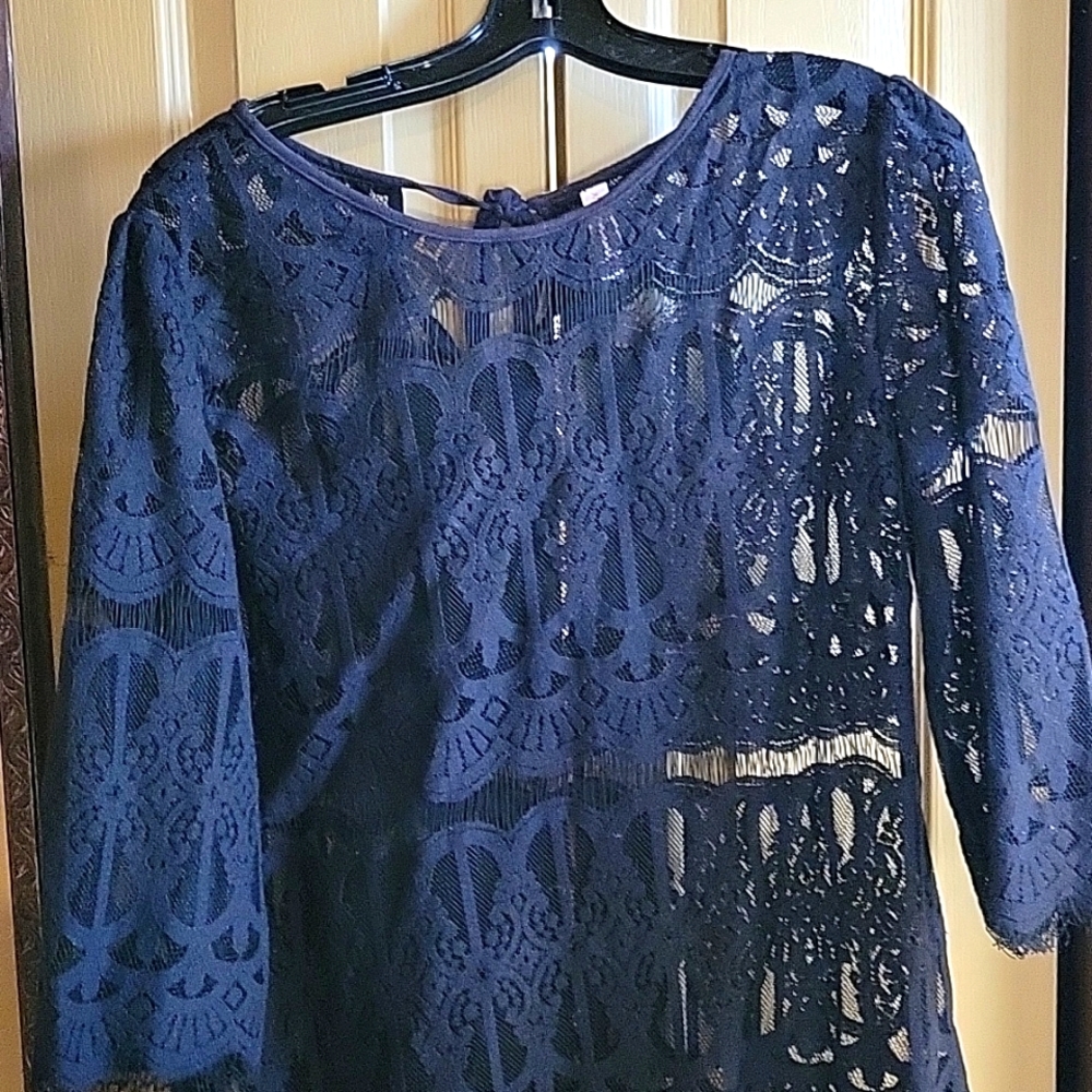 XHILARATION BLACK EUC LACE 3/4  SLEEVE BLOUSE